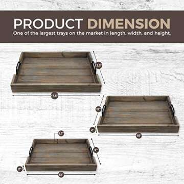 3 Pie­ce Decorative Nested Vintage Wood Serving Tray Set for Coffee Table or Ottoman – Rustic Woo...