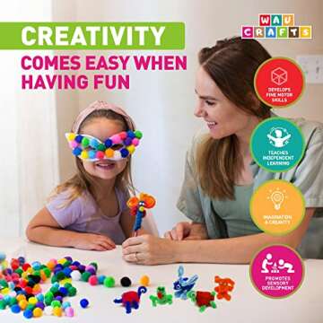 WAU Craft Pom Poms Balls - [400 pcs] 1 inch 300 Multicolored Pompoms with 100 Googly Eyes for Arts and DIY Projects