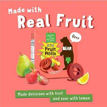 BEAR Sour - Real Fruit Yoyos - Strawberry-Apple - 0.7 Ounce (5 Count) - No added Sugar, All Natural,...