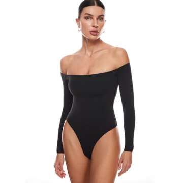 INLYRIC Women's Natrelax Off The Shoulder Bodysuit Long Sleeve Thong Sexy Bodycon Slim Fit Tops Leotard Black Small