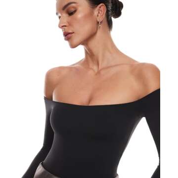 INLYRIC Women's Natrelax Off The Shoulder Bodysuit Long Sleeve Thong Sexy Bodycon Slim Fit Tops Leotard Black Small