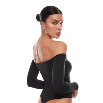 INLYRIC Women's Natrelax Off The Shoulder Bodysuit Long Sleeve Thong Sexy Bodycon Slim Fit Tops Leotard Black Small