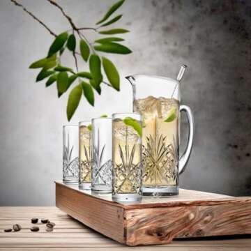 Godinger Barware Beverage Set - Mixing Pitcher Carafe, Stirrer and 4 Collins Tall Drinking Glasses - Dublin Collection
