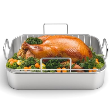 Roasting Pan, EWFEN 17*13 Inch Stainless Steel Turkey Roaster with Rack - Deep Broiling Pan & V-shap...