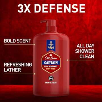 Old Spice Men's Body Wash, 24/7 Shower Fresh with Lasting Scent, 3x Defense, Red Collection, Captain...