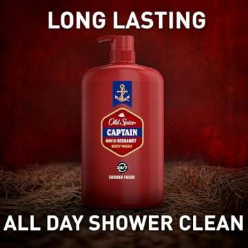 Old Spice Men's Body Wash, 24/7 Shower Fresh with Lasting Scent, 3x Defense, Red Collection, Captain with Bergamot Scent, 33.4 fl oz