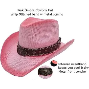 American Western Straw Cowboy Hat Men's Womens Hard Patriotic Classic Hard Shell Sun Protection Hats (Pink)