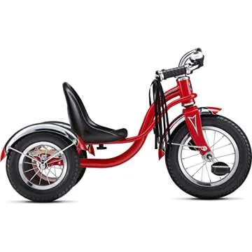 Schwinn Roadster Bike for Toddler, Kids Classic Tricycle, Low Positioned Steel Trike Frame with Bell and Handlebar Tassels, Rear Deck Made of Genuine Wood, for Boys and Girls Ages 2-4 Year Old, Red