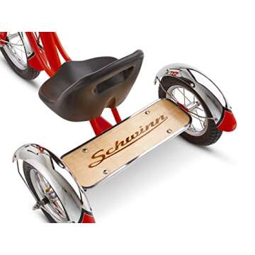 Schwinn Roadster Bike for Toddler, Kids Classic Tricycle, Low Positioned Steel Trike Frame with Bell and Handlebar Tassels, Rear Deck Made of Genuine Wood, for Boys and Girls Ages 2-4 Year Old, Red