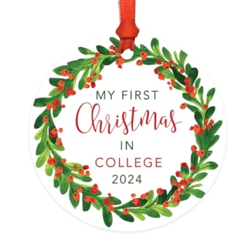 Andaz Press Family Round Metal Christmas Ornament, My First Christmas in College 2024, Red Green Hol...