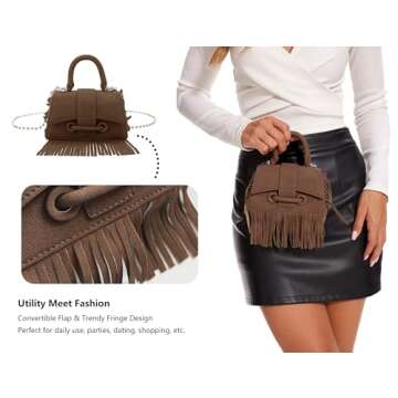 UIBRN Crossbody Shoulder Bags for Women, Small Vegan Leather Fringe Purse Tassel Mini Satchel Handbags with Chain Strap White