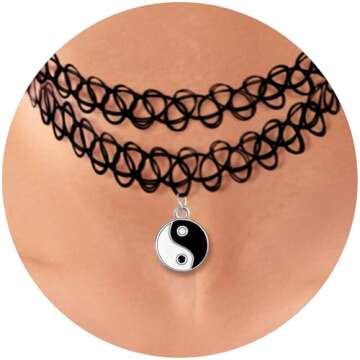 BodyJ4You 2PC Tattoo Choker Necklace - 90s Choker Necklace Women - 2000s Y2K Black Chokers - Yin Yang Silvertone Charm Pendant - Vintage Emo Stretchy Elastic Necklace