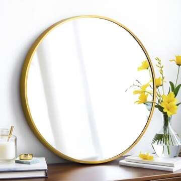 SCWF-GZ 24" Round Mirror Circle Wall Mounted Hanging or Against Wall Metal Frame Dressing Make-up Mirrors for Entryway Bedroom Bathroom Living Room 24 inch Gold