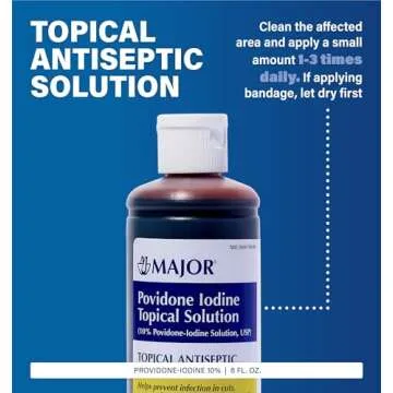 Major 10% Povidone-Iodine Liquid Topical Solution, USP - Topical Antiseptic for Cuts, Scrapes, Burns, and Minor Skin Wounds - 8 Fl. Oz.