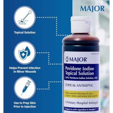 Major 10% Povidone-Iodine Liquid Topical Solution, USP - Topical Antiseptic for Cuts, Scrapes, Burns, and Minor Skin Wounds - 8 Fl. Oz.