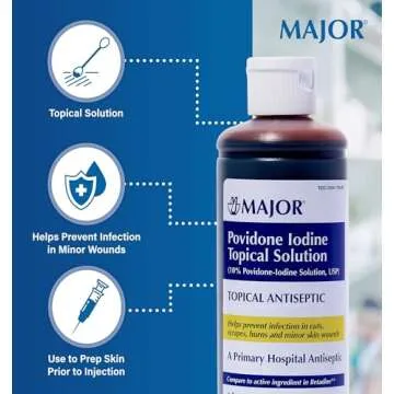 Major 10% Povidone-Iodine Liquid Topical Solution, USP - Topical Antiseptic for Cuts, Scrapes, Burns, and Minor Skin Wounds - 8 Fl. Oz.