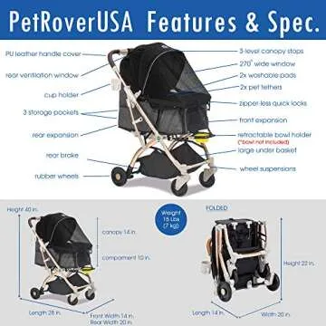 HPZ Pet Rover Lite Premium Light-Weight Dog/Cat/Pet Stroller Travel Carriage with Convertible Compartment/Zipper-Less Entry/1-Hand Quick Fold/Aluminum Frame for Small & Medium Pets (Black 2nd-Gen.)