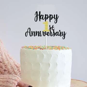 Happy 1st Anniversary Cake Toppers Glitter, Cheers To 1 Years Old Party Decorations 1 Year Anniversary Cake Decor, First Theme Cake Decorations For Wedding Birthday Company Anniversary(Black Gold)