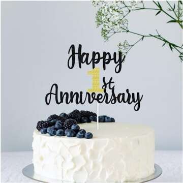 Happy 1st Anniversary Cake Toppers Glitter, Cheers To 1 Years Old Party Decorations 1 Year Anniversary Cake Decor, First Theme Cake Decorations For Wedding Birthday Company Anniversary(Black Gold)