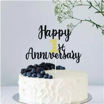 Happy 1st Anniversary Cake Toppers Glitter, Cheers To 1 Years Old Party Decorations 1 Year Anniversary Cake Decor, First Theme Cake Decorations For Wedding Birthday Company Anniversary(Black Gold)