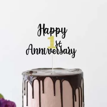 Happy 1st Anniversary Cake Toppers Glitter, Cheers To 1 Years Old Party Decorations 1 Year Anniversary Cake Decor, First Theme Cake Decorations For Wedding Birthday Company Anniversary(Black Gold)