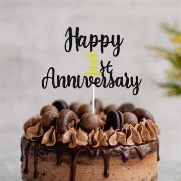 Happy 1st Anniversary Cake Toppers Glitter, Cheers To 1 Years Old Party Decorations 1 Year Anniversary Cake Decor, First Theme Cake Decorations For Wedding Birthday Company Anniversary(Black Gold)