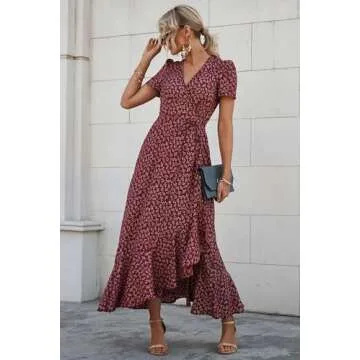 PRETTYGARDEN Women's Summer Wrap Maxi Dress Casual Boho Floral V Neck Short Sleeve Ruffle Hem Split Beach Long Dresses (Red,Medium)