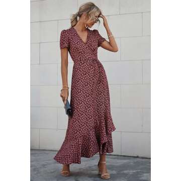 PRETTYGARDEN Women's Summer Wrap Maxi Dress Casual Boho Floral V Neck Short Sleeve Ruffle Hem Split Beach Long Dresses (Red,Medium)