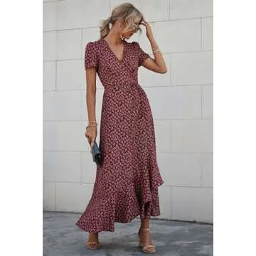 PRETTYGARDEN Women's Summer Wrap Maxi Dress Casual Boho Floral V Neck Short Sleeve Ruffle Hem Split Beach Long Dresses (Red,Medium)
