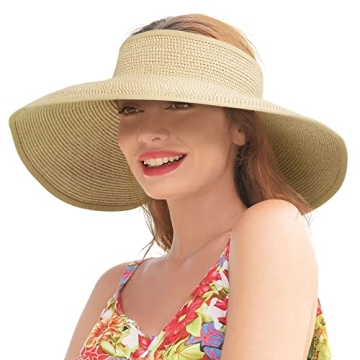 Straw Visors for Women Beach Sun Hat Roll Up Foldable Wide Brim Sun Visors for Women Sun Protection ...