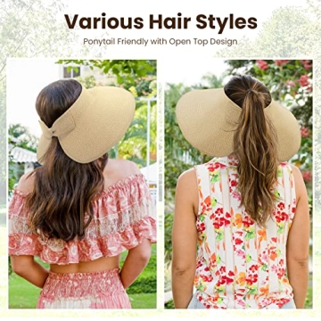 Women's Straw Visor Hat - Packable Wide Brim Sun Protection