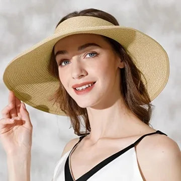 Women's Straw Visor Hat - Packable Wide Brim Sun Protection