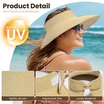Women's Straw Visor Hat - Packable Wide Brim Sun Protection