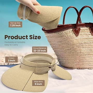 Women's Straw Visor Hat - Packable Wide Brim Sun Protection