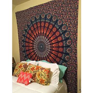 Bless International Handmade Indian hippie Bohemian Psychedelic Peacock Mandala Wall hanging College Dorm Beach Throws Table Cloth Bedding Tapestry (Golden Blue, Queen(84x90Inches)(215x230Cms))