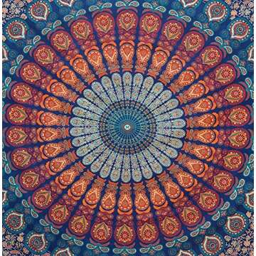Bless International Handmade Indian hippie Bohemian Psychedelic Peacock Mandala Wall hanging College Dorm Beach Throws Table Cloth Bedding Tapestry (Golden Blue, Queen(84x90Inches)(215x230Cms))