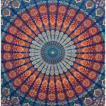 Bless International Handmade Indian hippie Bohemian Psychedelic Peacock Mandala Wall hanging College Dorm Beach Throws Table Cloth Bedding Tapestry (Golden Blue, Queen(84x90Inches)(215x230Cms))