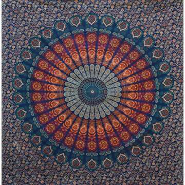 Bless International Handmade Indian hippie Bohemian Psychedelic Peacock Mandala Wall hanging College Dorm Beach Throws Table Cloth Bedding Tapestry (Golden Blue, Queen(84x90Inches)(215x230Cms))