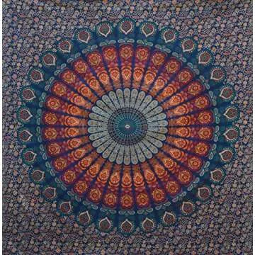 Bless International Handmade Indian hippie Bohemian Psychedelic Peacock Mandala Wall hanging College Dorm Beach Throws Table Cloth Bedding Tapestry (Golden Blue, Queen(84x90Inches)(215x230Cms))