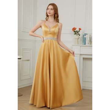 Satin Prom Dresses Long Aline Ball Gowns for Women 2024 Spaghetti Straps Beaded V-Neck Evening Dress Formal Party Ball Gowns with Pockets Black 10