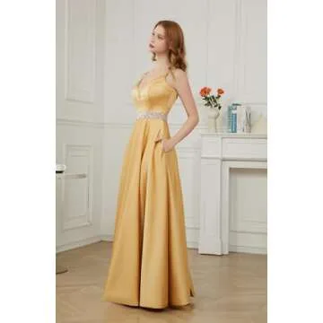 Satin Prom Dresses Long Aline Ball Gowns for Women 2024 Spaghetti Straps Beaded V-Neck Evening Dress Formal Party Ball Gowns with Pockets Black 10