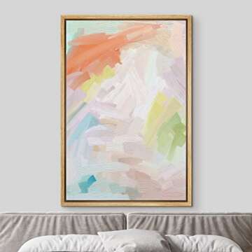MUDECOR Framed Canvas Print Wall Art Pastel Orange, White & Green Color Field Abstract Shapes Watercolor Modern Art Contemporary Multicolor Ultra for Living Room, Bedroom, Office - 16"x24" Natural