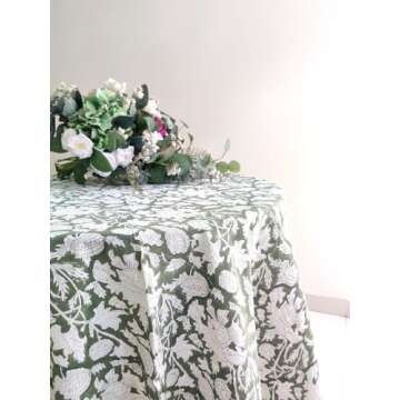 ATOSII Meraki Green 100% Cotton Round Tablecloth, Handblock Print Floral Table Cloth for Kitchen Din...