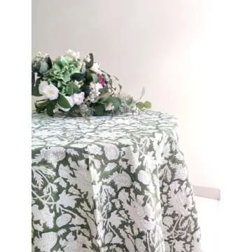 ATOSII Meraki Green 100% Cotton Round Tablecloth, Handblock Print Floral Table Cloth for Kitchen Din...