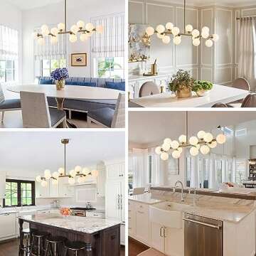 APBEAMLighting Gold Dining Room Chandelier Over Table Mid Century Modern Chandelier White Glass Globe Lampshade Linear Pendant Lighting Fixture for Living Room Dining Table 16 Lights