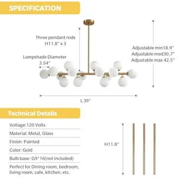 APBEAMLighting Gold Dining Room Chandelier Over Table Mid Century Modern Chandelier White Glass Globe Lampshade Linear Pendant Lighting Fixture for Living Room Dining Table 16 Lights