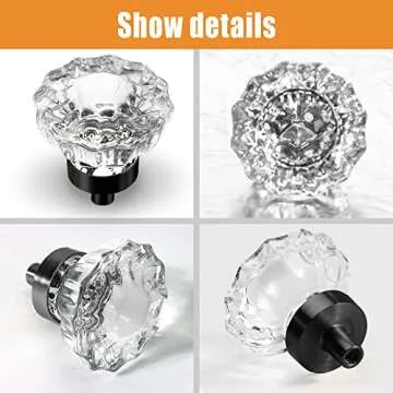VEHCIL Crystal Cabinet Knobs, 8 Pack Vintage Cabinet Dresser Knobs Single Hole Matte Black Decorative Drawer Knobs Crystal Knobs for Cabinets Kitchen Cupboard Bathroom, Round Flower Design