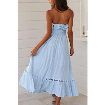 SAUKOLE Women's Summer Sleeveless Strapless Ruffle Off The Shoulder Smocked Swing Cocktail Party Dress Blue