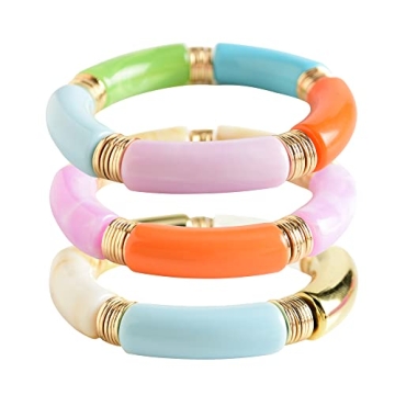 GOOJIDS Bamboo Tube Bangles Bracelet Chunky Curved Stacking Clear Acrylic Colorful Beads Stretchable...
