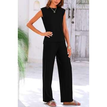 PRETTYGARDEN Women's 2 Piece Outfits Knit Loungewear High Low Pullover Tops and Wide Leg Pants Casual Sweater Sets Tracksuits (Black,Small)